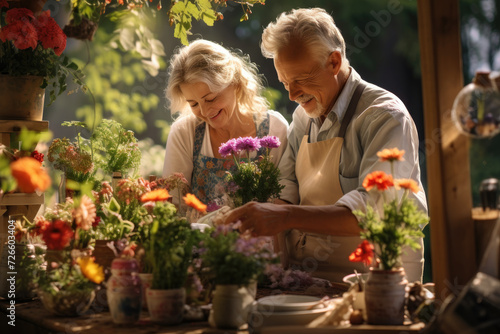 Elderly couple gardening together, symbolizing growth, nurturing, and companionship. Concept of active and shared hobbies in retirement. Generative Ai. © Sebastian