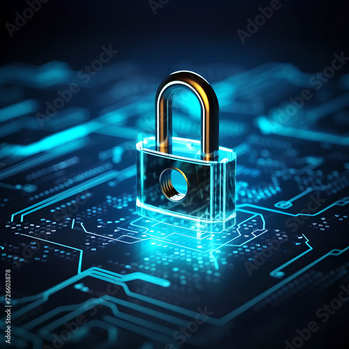 A digital padlock for a computing system on a dark blue background , concept of cyber security technology for preventing fraud and protecting privacy in data networks , technology background