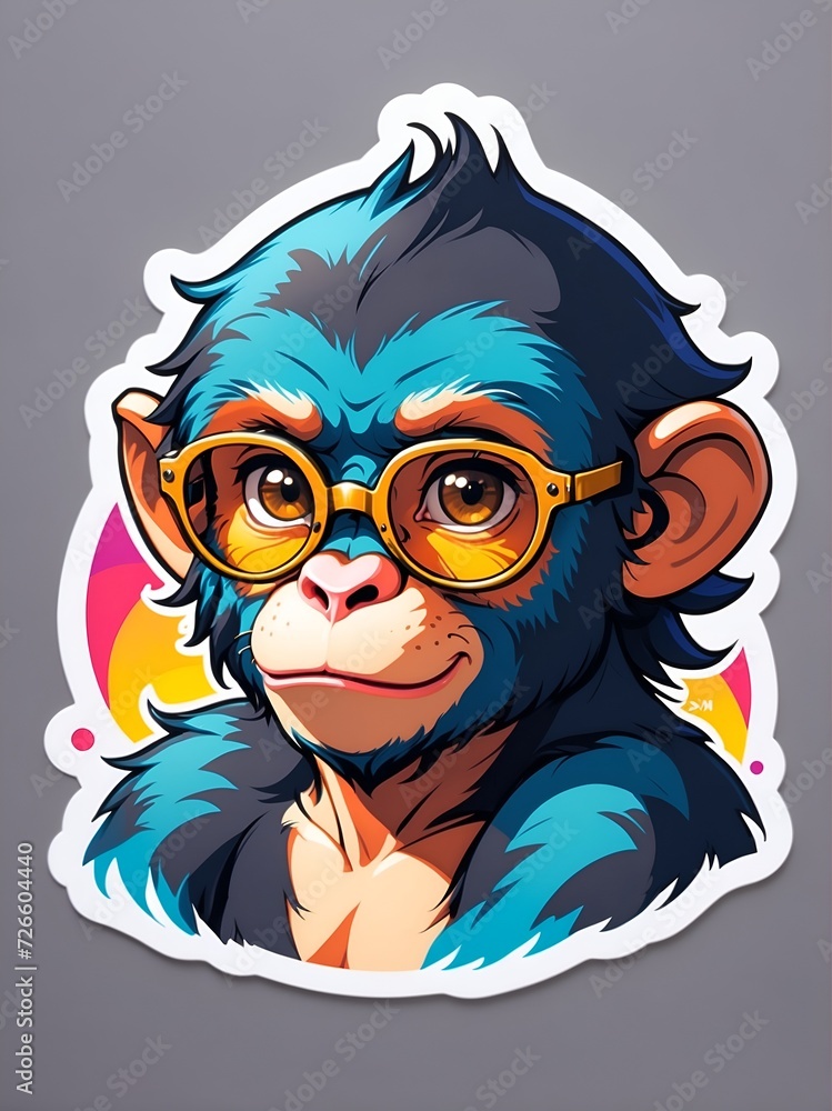 colorful monkey head  with sun glasses in pop art style, stickers with white border