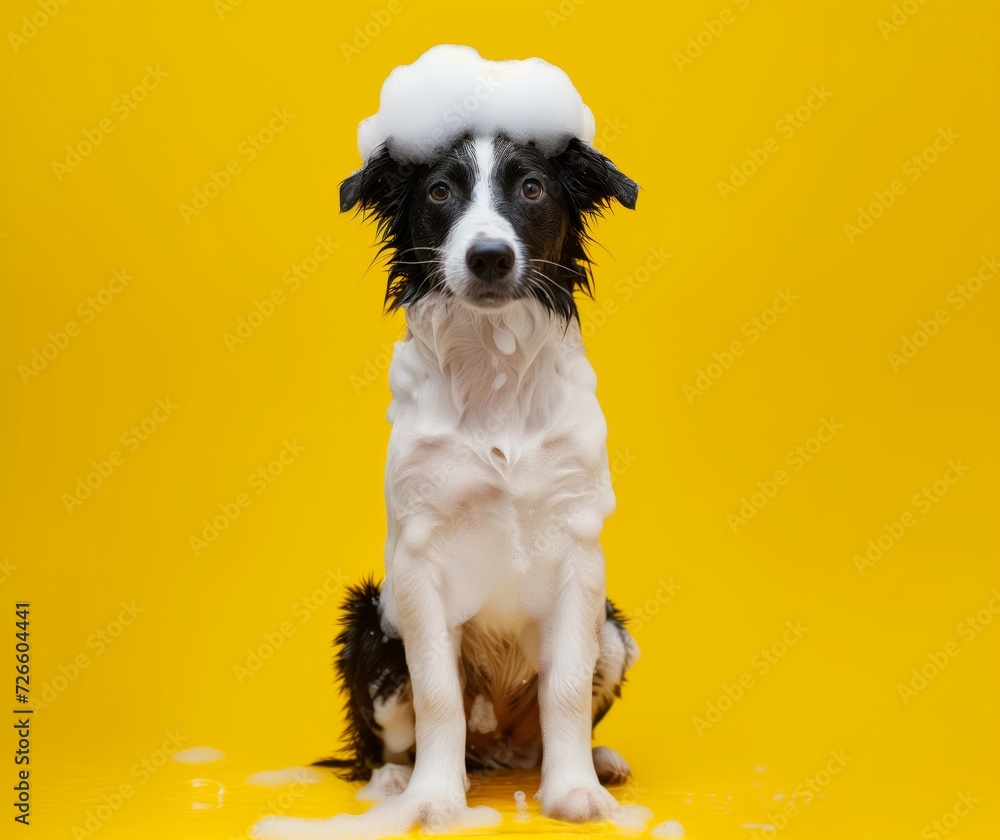 Wet puppy border collie dog taking bath with soap bubble foam on head