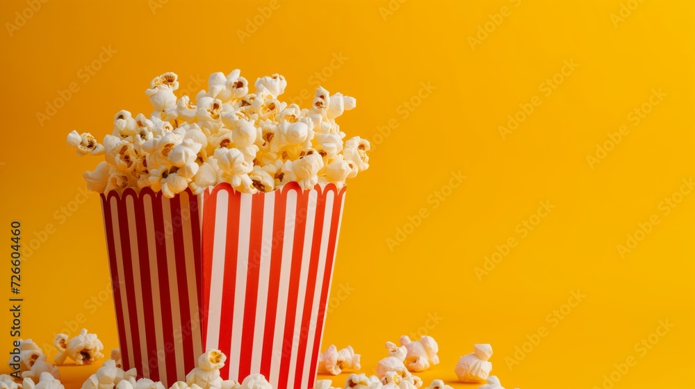 Delicious popcorn scattering from a red striped carton box on a bright background with copy space