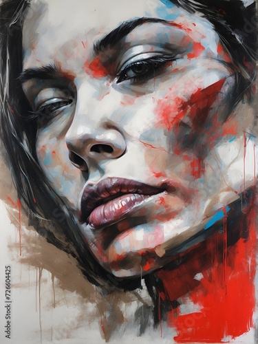 closeup painting of a woman with her eyes closed, in red paint