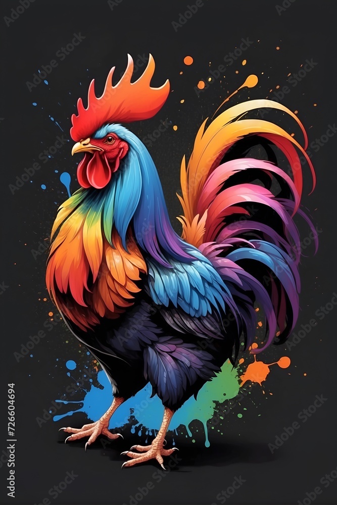 abstract rainbow rooster, colorful t shirt design, spectrum