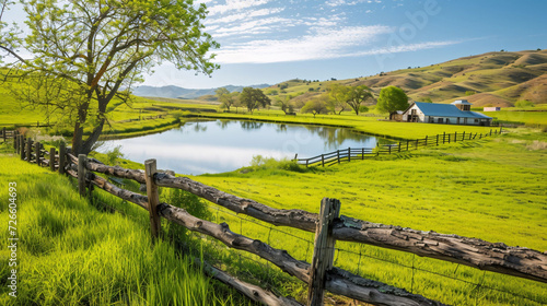 Idyllic Countryside Landscape with Pond and Farm