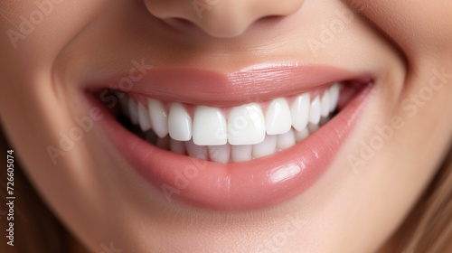 Tooth whitening, perfect white teeth close up facing to the camera, female toothy veneer smile, dental care and stomatology