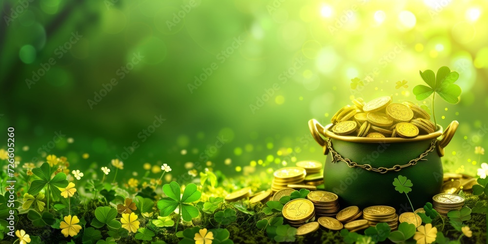 Banner st patricks day with treasure of leprechaun, pot full of golden coins and shamrocks on festive green background - obrazy, fototapety, plakaty 