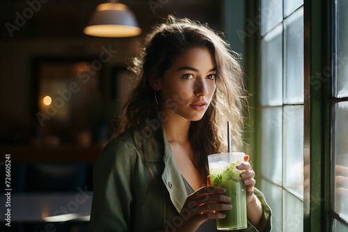 Uma bela jovem tomando um suco saudável photo