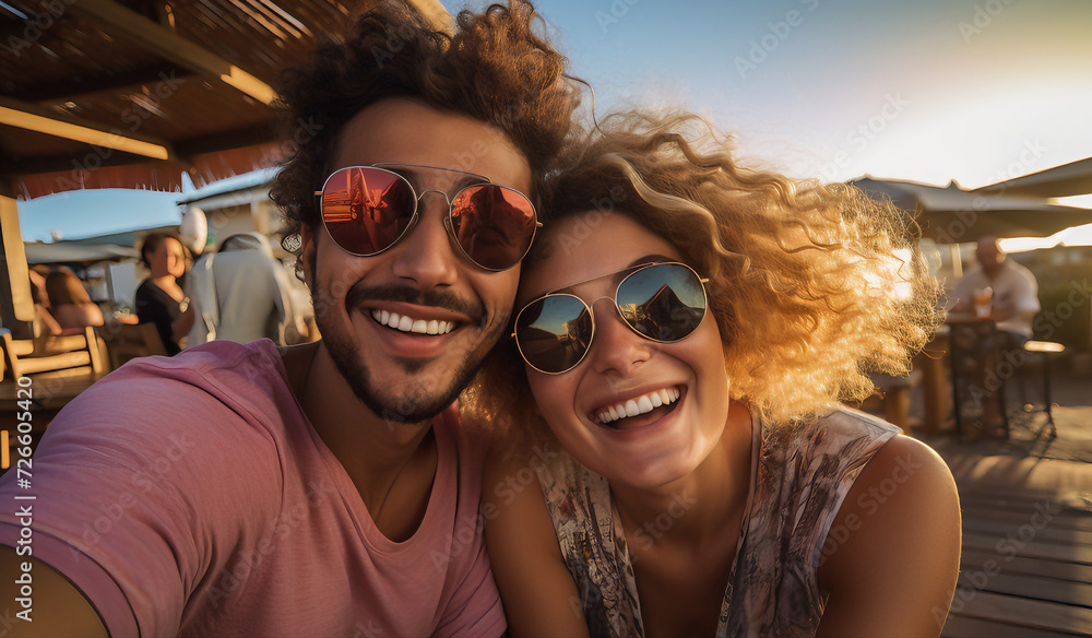 Um jovem casal sorrindo em um bar, retrato Um jovem casal sorrindo em um bar, retrato