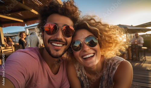 Um jovem casal sorrindo em um bar, retrato photo