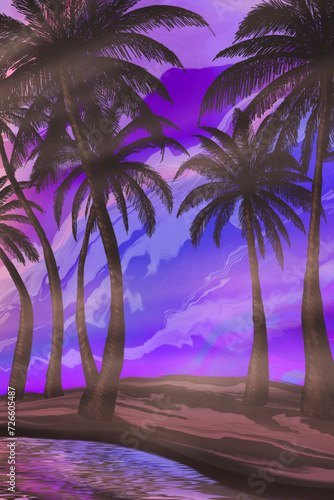 Seascape with palm trees at...