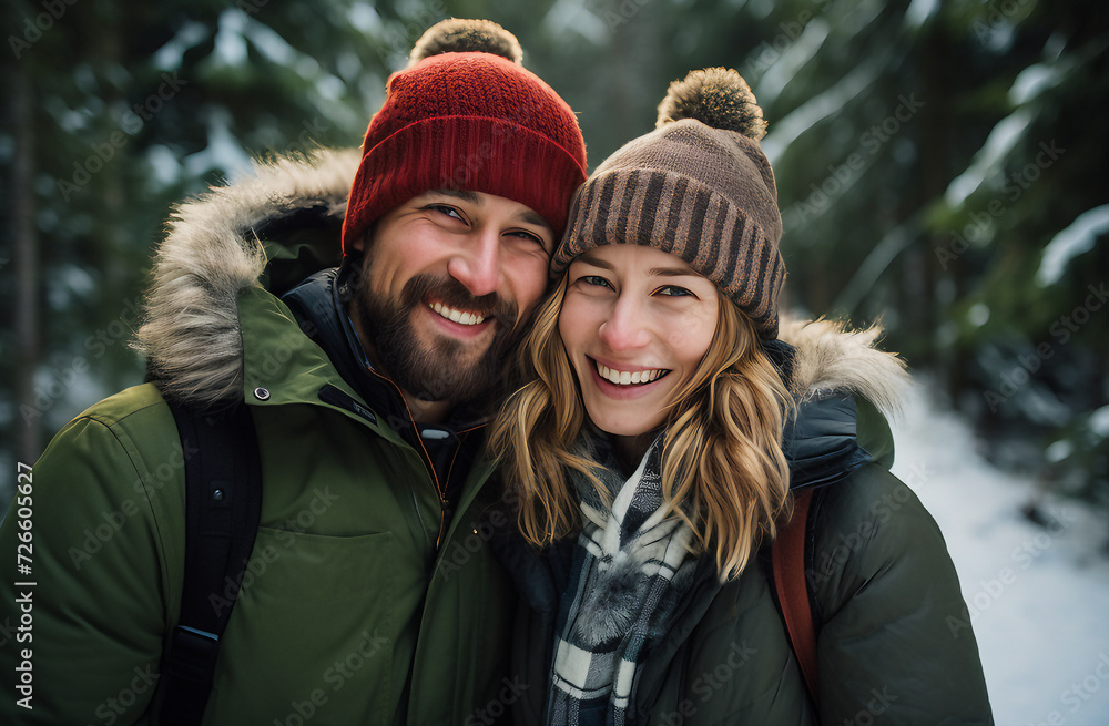 Um jovem casal  sorridente com roupas de frio.