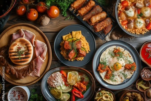 Top shot of Ukranian cuisine tapas space between the plates