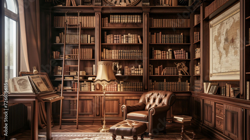 Classic Library Interior with Bookshelves and Vintage Furniture