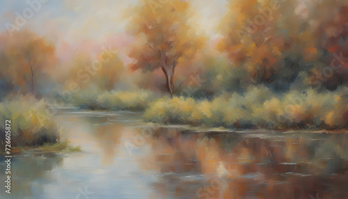 Autumn landscape with fog, painting theme