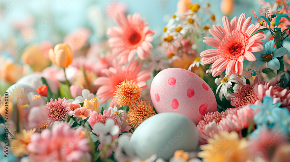 Spring Easter holiday top view flat lay background with eggs and spring flowers. Greeting card background