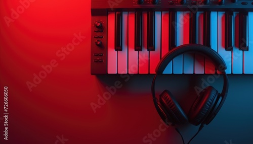 Modern syntezator with headphones on it against modern gradient background, music making DJ backdrop photo