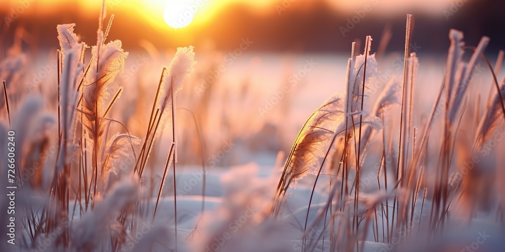 Obraz premium Transformation of Tall Grass Field in a Gentle Snowfall - Winter Bliss