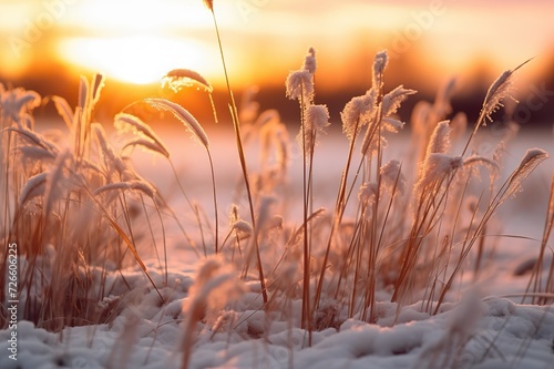 Delicate Snowfall Surrounds a Field of Tall Grass - Winter Serenity