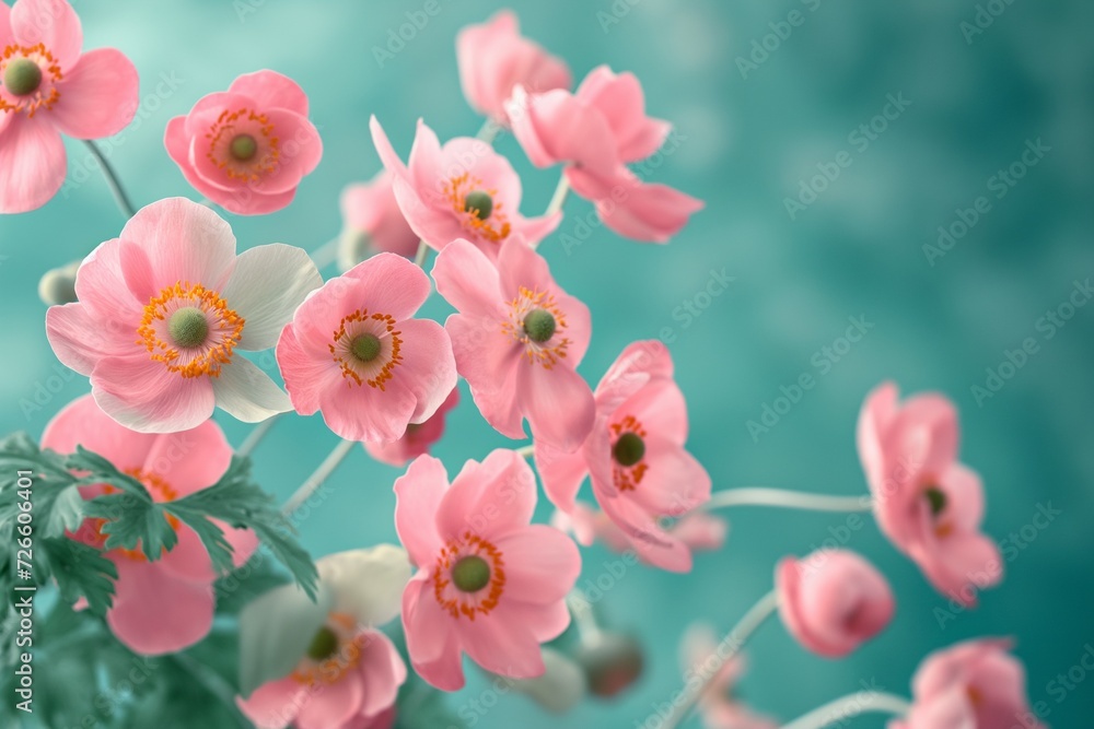 Bunch of Pink Anemone Flowers in Full Bloom on Turquoise Blue Background Bunch of Pink Anemone Flowers in Full Bloom on Turquoise Blue Background
