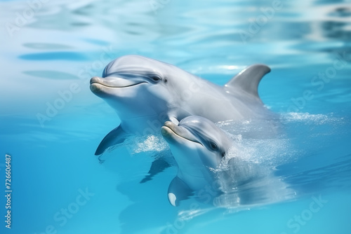Dolphins joyfully leaping in the vibrant blue ocean waters, showcasing their playful nature and aquatic grace © Preeyada