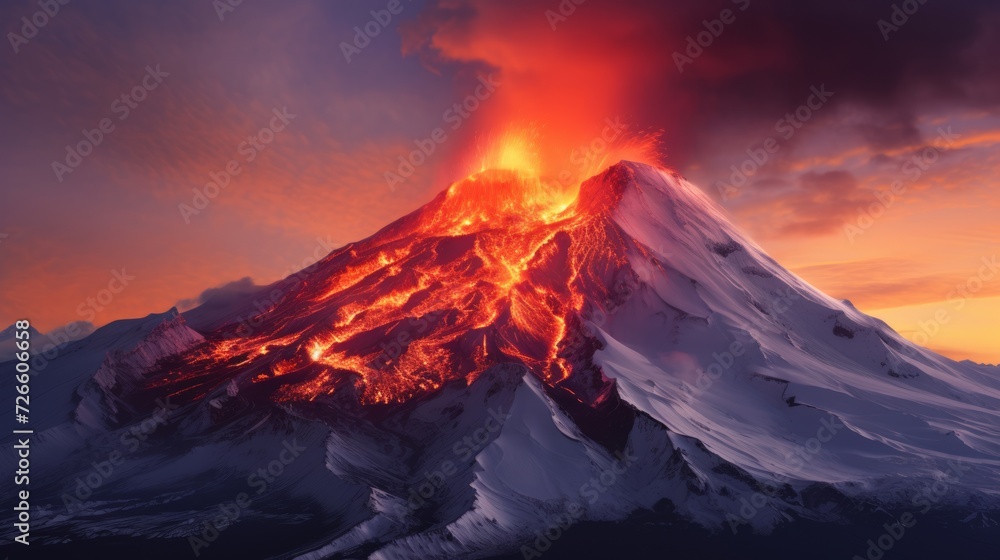 Aerial view of active volcano eruption, lava flows in the air, nature disaster concept.