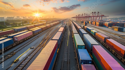A vibrant sunset casting golden hues over a bustling cargo train terminal, showcasing rows of colorful containers..