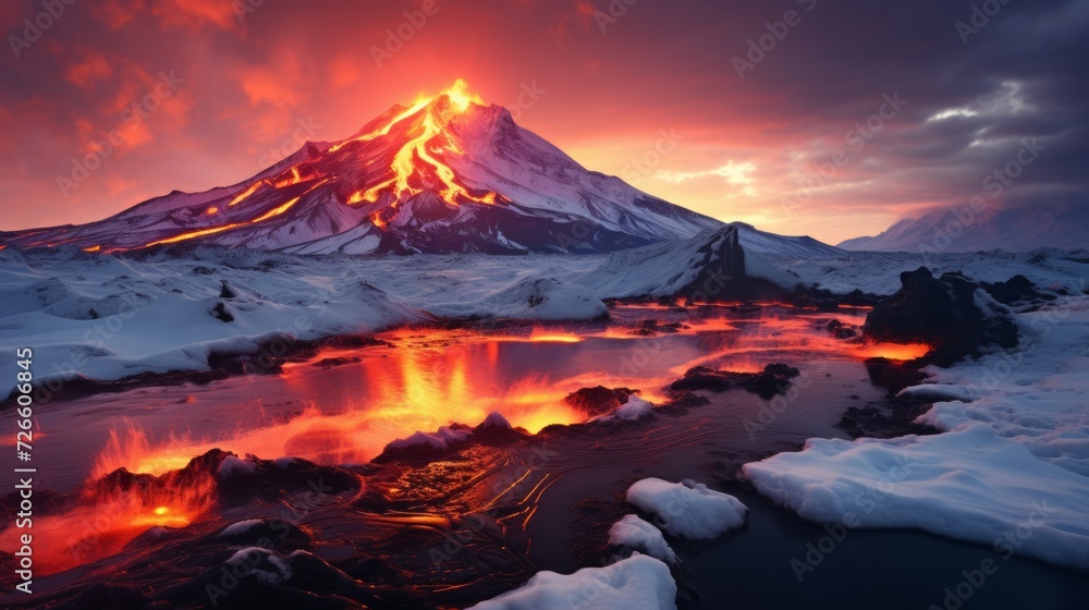 Fototapeta premium Active volcano eruption, lava flows in the air, nature disaster concept.