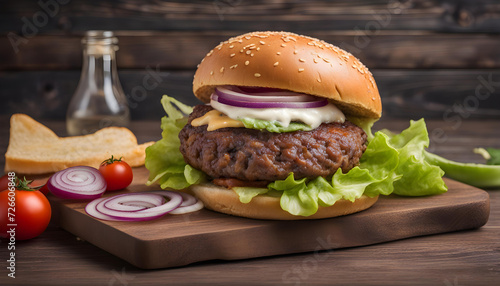 hamburger with vegetable on a wooden background
