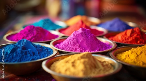 Colorful traditional Holi powder in bowls. Happy Holi. Concept Indian color festival