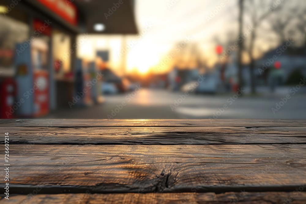 Empty Wooden Table and Blurred Rustic Pit stop Gas Station Backdrop
