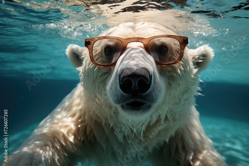 Close-up of a swimming polar bear underwater looking at the camera.