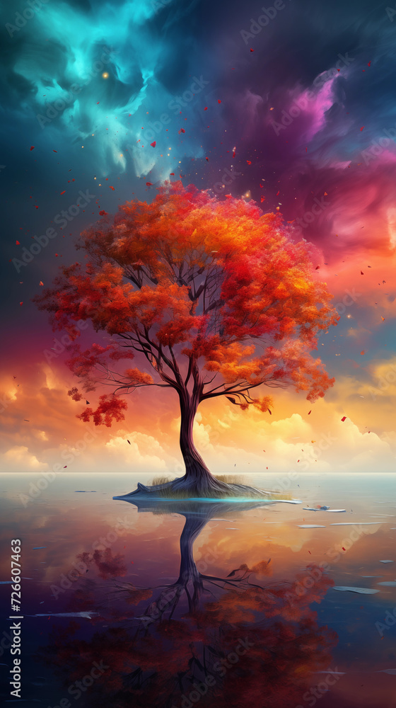 Beautiful fantasy tree wallpaper background with colorful sky and view Beautiful fantasy tree wallpaper background with colorful sky and view