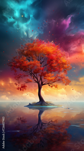Beautiful fantasy tree wallpaper background with colorful sky and view © Nu Ai generated imag