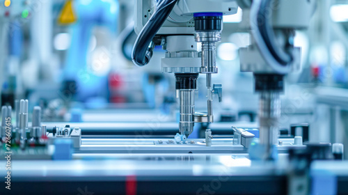 Precision robotic arm conducting assembly work on an electronics production line in a high-tech manufacturing plant.