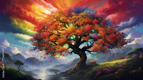 Beautiful fantasy tree wallpaper background with colorful sky and view © Nu Ai generated imag