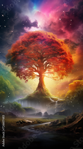 Beautiful fantasy tree wallpaper background with colorful sky and view