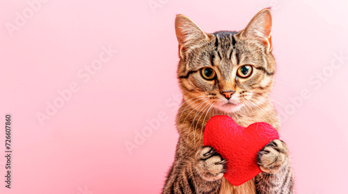 Cute tabby cat with striking eyes holding a red heart  representing love and affection on a pink background.