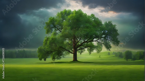  a tree with green leaves, feathers on the background of a green forest on a meadow, rain, dawn, green bright colors, earth day, ecology, nature, selective focus, shallowedepth of field, blur