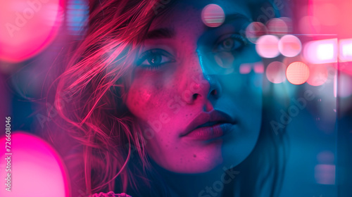 conceptual photo with a double composition, a girl and neon lights on a street night city