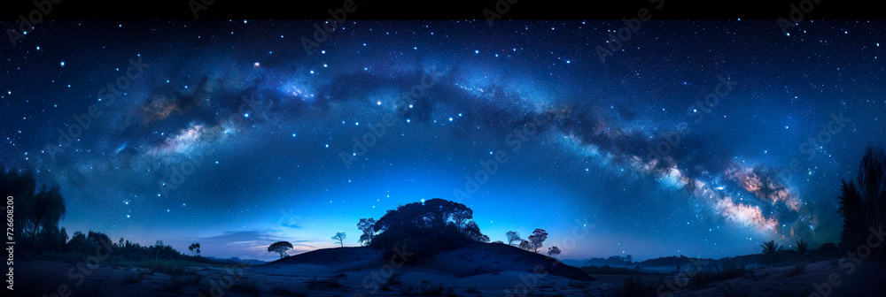 Panoramic night landscape with starry sky, Milky way and starfall