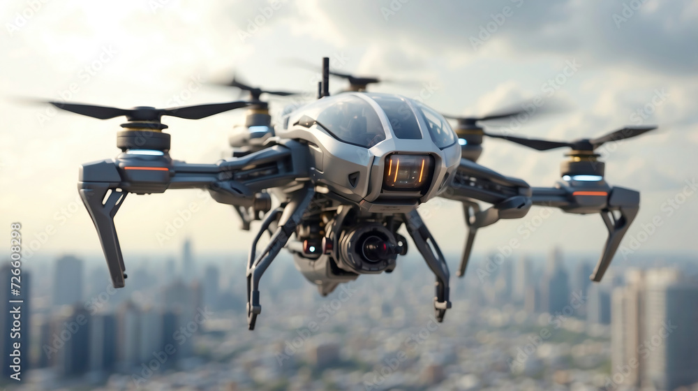 Futuristic military drone UAV with cityscape on background Futuristic military drone UAV with cityscape on background