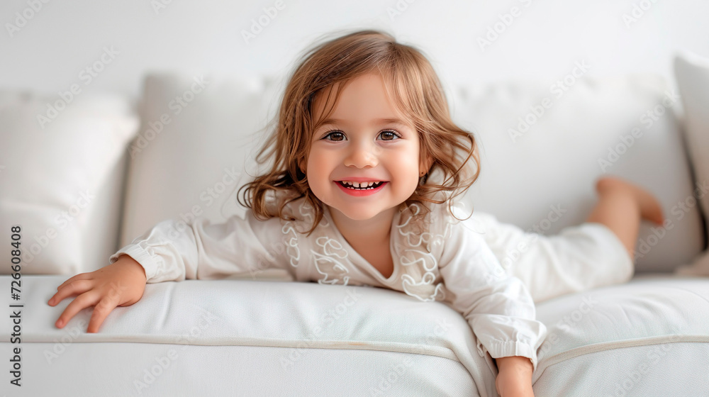 A little girl is smiling while sitting on a white sofa in a room A little girl is smiling while sitting on a white sofa in a room