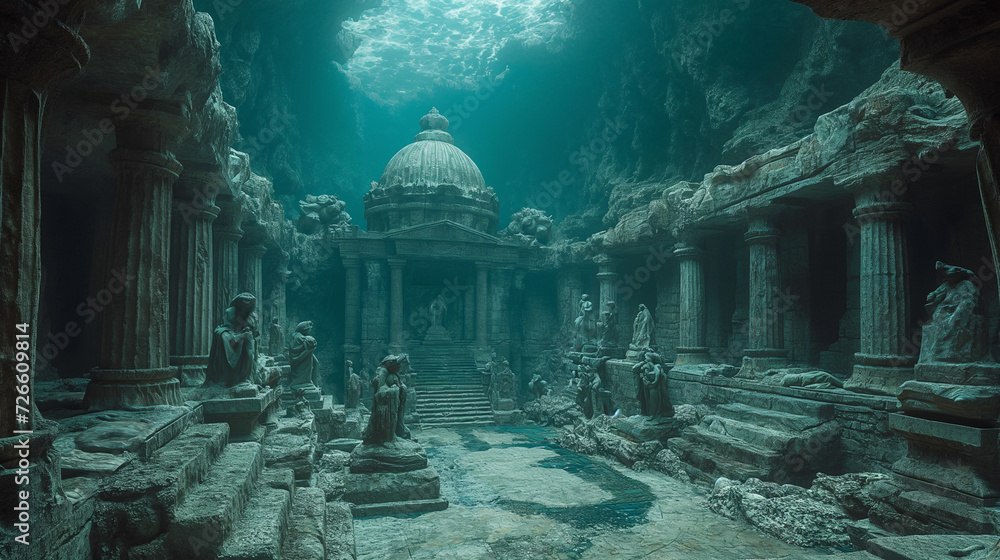 Divers discover ancient structures beneath the sea that may belong to the Atlantis, Roman, Babylonian or Mayan empires. - obrazy, fototapety, plakaty 