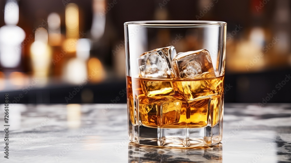 Glass of whiskey with ice cubes on white table in modern minimalist kitchen with free copy space Glass of whiskey with ice cubes on white table in modern minimalist kitchen with free copy space