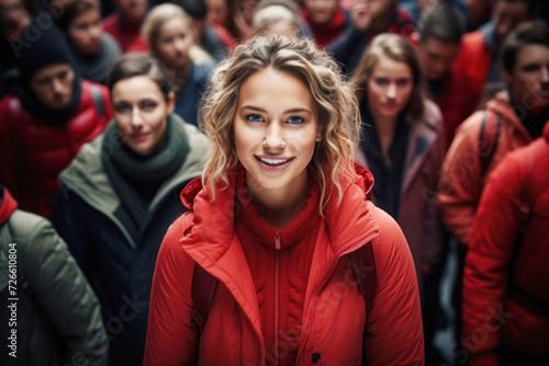 Student woman closeup with blonde hair and a red jacket with her backpack, with cheerful expression, among a crowd at the entrance to the University. Urban lifestyle and youth. Generated AI