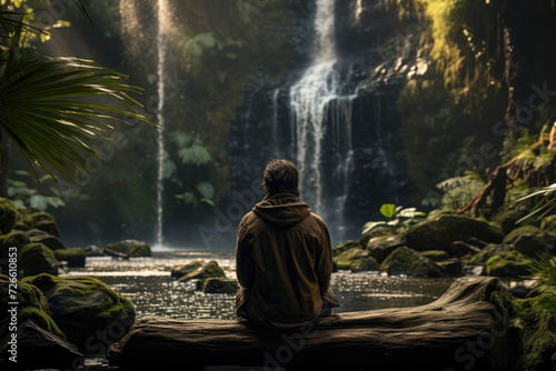 A person sitting quietly by a waterfall  absorbed in the sound and sight of cascading water. Concept of tranquility and the therapeutic effects of waterfalls. Generative Ai.