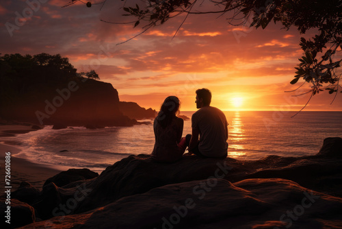 Couple watching a sunset from a pristine beach  experiencing romantic and scenic beauty. Concept of romantic getaways and nature s splendor. Generative Ai.