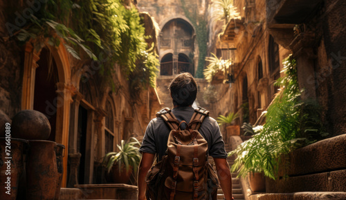 Solo traveler navigating an ancient city's narrow alleyways, discovering hidden cultural gems. Concept of cultural exploration and solo travel. Generative Ai.
