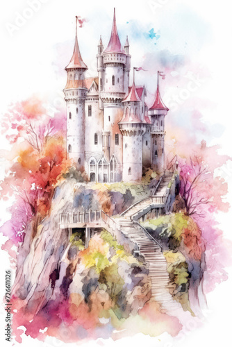 Watercolor sketch of a fairytale castle built on a rock