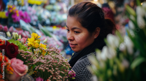Florist at flower market stall. Supporting small business during the cost of living crisis and recession concept. AI generated © Sophie 